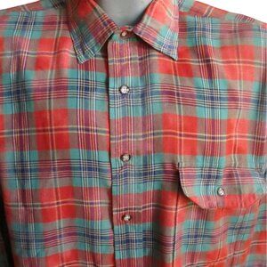 Vintage 1980s Mens Plaid Camp Shirt Bert Pulitzer Large Winter Red/Green/Rust